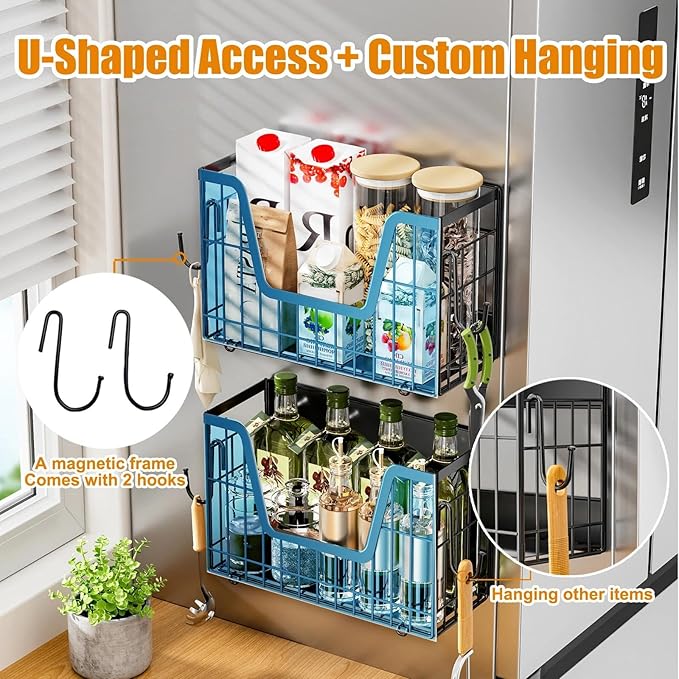 Magnetic Fridge Shelf for Fruit&Vegetable Storage Basket- Non-assembly Space Saving Magnetic Refrigerator Shelves,Fruit Basket 30lbs Capacity Side of Fridge Storage Container for Onion,Snacks(2 Pack)