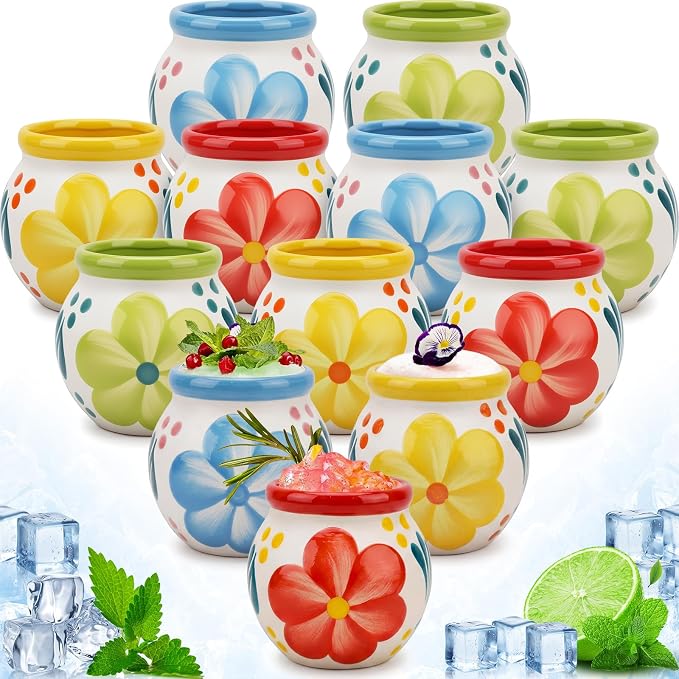 Gejoy 12 Pcs 3oz Cantaritos De Barro Shot Mini Clay Cups Jarritos De Barro Mexicanos Taco Cocktail Glasses for Tequila, Margaritas, Mojitos, Mojitos Cold Hot Drinks (Bloom)