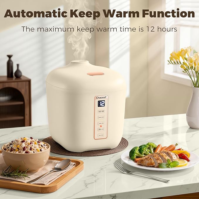 CHACEEF Mini Rice Cooker 2 Cups Uncooked, 1.2L Rice Cooker Small, Portable Non-Stick Small Travel Rice Maker, BPA Free, Smart Control Multifunction Cooker with 24 Hours Timer Delay & Keep Warm Function, Beige
