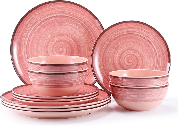 12Pcs Melamine Dinnerware Set, Plates And Bowls Sets for 4, Pink Color Dinnerware Sets, Melamine Plates Bowls Indoor and Outdoor Use Dish Set Dishwasher Safe BPA Free(Pink)