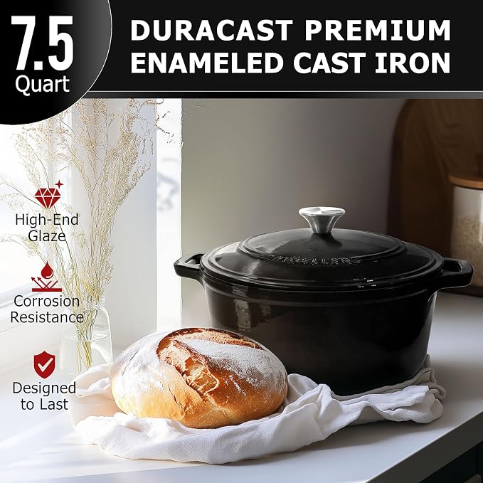 MUELLER HOME 7.5 QT Enameled Cast Iron Dutch Oven, Heavy-Duty, Oven-Safe up to 500° F & Across All Cooktops, Casserole Dish and Braiser Pan with Lid and Stainless Knob, Black
