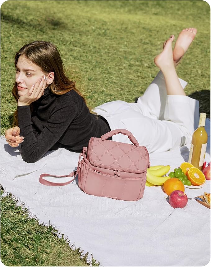 BAGSMART Insulated Lunch Bags for Women, Cute Quilted Lunch Box, Lightweight Puffy Padded Waterproof Lunch Tote, Reusable Lunch Cooler for Work Picnic Travel, Dark Pink