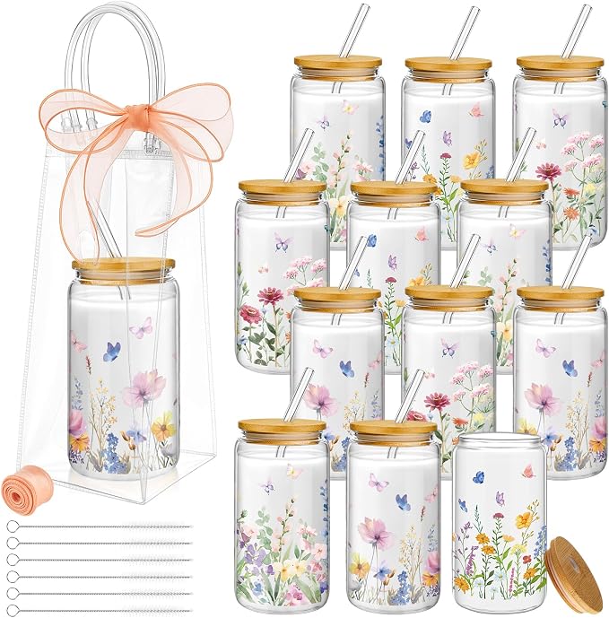 Mumufy 12 Sets Wildflower Glass Cups with Clear Gift Bag 16 oz Reusable Pink Iced Coffee Mugs Aesthetic Cute Tumbler with Lids and Straws, Gifts for Girls Women Bridesmaid