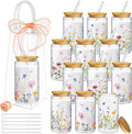 Mumufy 12 Sets Wildflower Glass Cups with Clear Gift Bag 16 oz Reusable Pink Iced Coffee Mugs Aesthetic Cute Tumbler with Lids and Straws, Gifts for Girls Women Bridesmaid