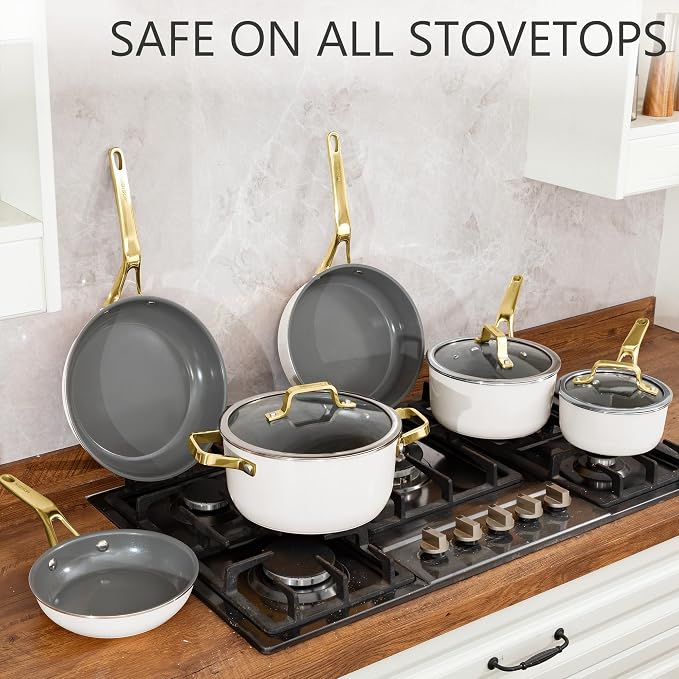 10-Piece White Ceramic Nonstick Cookware Set, Pots and Pans with Glass Lids & Anti-Scald Handles, Non-Toxic PFAS Free, Dishwasher & Oven Safe up to 480°F, Induction & All Stoves Ready
