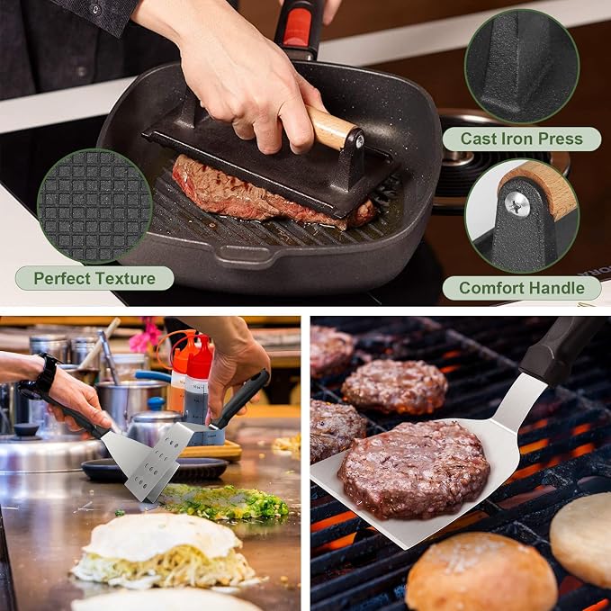 20PCS Griddle Accessories Kit, Flat Top Grill Accessories Set for Blackstone and Camp Chef, Grill Spatula Set with Enlarged Spatulas, Basting Cover, lron Smash Burger Press for Outdoor Barbecue