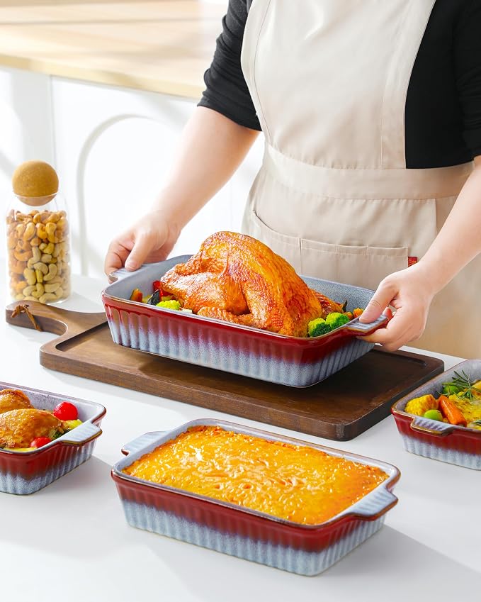 vancasso Ceramic Casserole Dishes for Oven, Reactive Glaze Bakeware Set of 4, Deep Rectangular Baking Dishes with Handles, Lasagna Pan Set, Microwave & Dishwasher Safe, Gradient Red & Blue (9.4"/11.1"/12.2"/14.7")