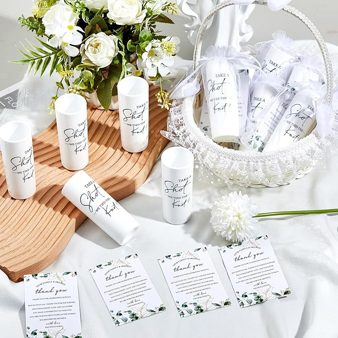 Sliner 50 Set Wedding Favors for Guests Bulk 2oz Acrylic Take a Shot We Tied the Knot Shot Glasses with Thank You Cards Organza Bags for Guest Souvenir Wedding Bridal Shower Gifts (White,Black)