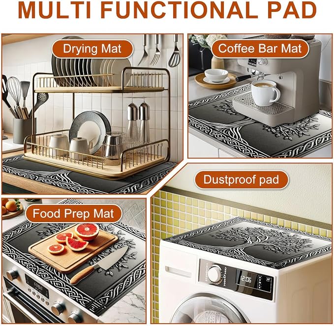 HOMETITUTE Tree Stove Top Covers Pad 28 x 20 inches Silver Tree of Life Kitchen Decorations Dish Drying Mat Coffee Bar Mats Kitchen Decor Absorbent Pad Fit Coffee Maker Machine Dish Drying