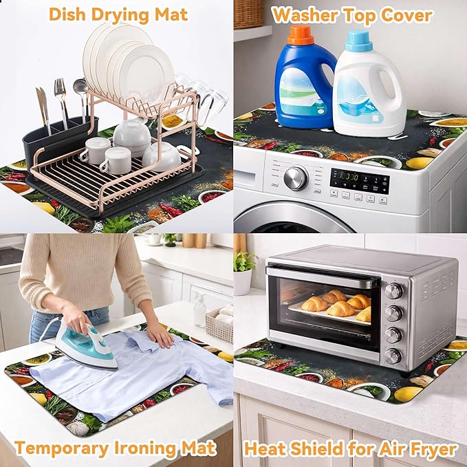 Decorative Stove Top Covers for Electric Stove 28"x20" – Heat Resistant Glass Cooktop Protector Dish Drying Mat – Non-Slip Rubber Backing Washer Top Cover Waterproof Extra Counter Space (Kitchen 5)