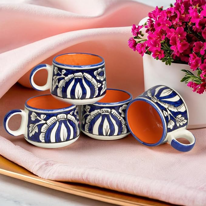Servo Best Handmade Cermaic Tea Cup Set of 4-5 Oz Small Cups for Espresso, Cappuccino, Tea, Chai – Dishwasher & Microwave Safe – Gift Set for Coffee Lovers, Kitchen, Home, Office - Blue Mughal Art