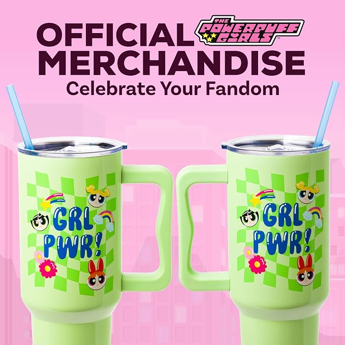 Silver Buffalo The Powerpuff Girls Girl Power Groovy Retro Featuring Blossom, Bubbles, and Buttercup Double Walled Stainless Steel Tumbler with Handle and Straw, Fits in Standard Cup Holder, 40 Ounces