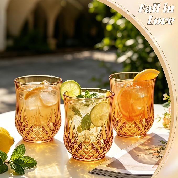 12 Pack Plastic Stemless Wine Glasses,12oz Unbreakable Vintage Elegant Drinking Glass Set,Reusable Fancy Cocktail Cups for Party, Wedding, and Bulk Events (12, 12oz-Amber)