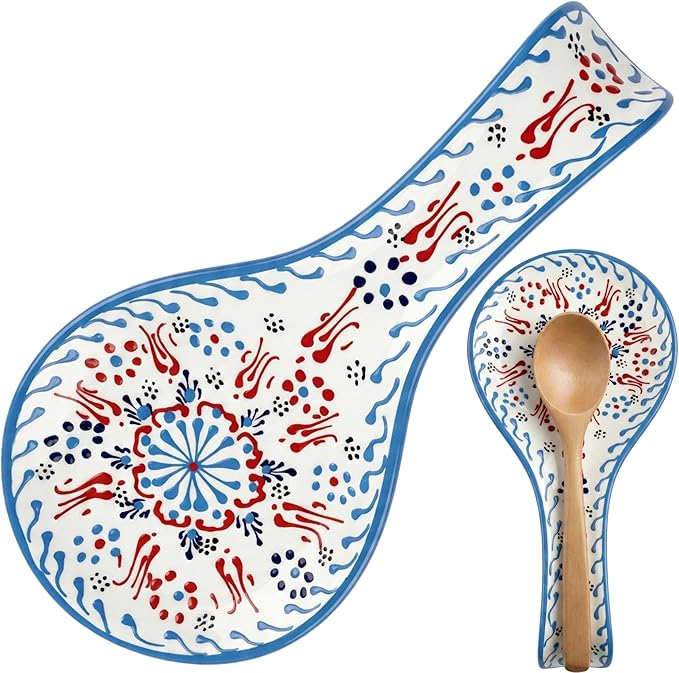 BCS Ceramic Spoon Rest, Large 9” Hand Painted Spoon Holder for Stove Top & Kitchen Counter, Dishwasher Safe & Heat Resistant Utensil Holder, Floral Kitchen Decor, Handmade Pottery