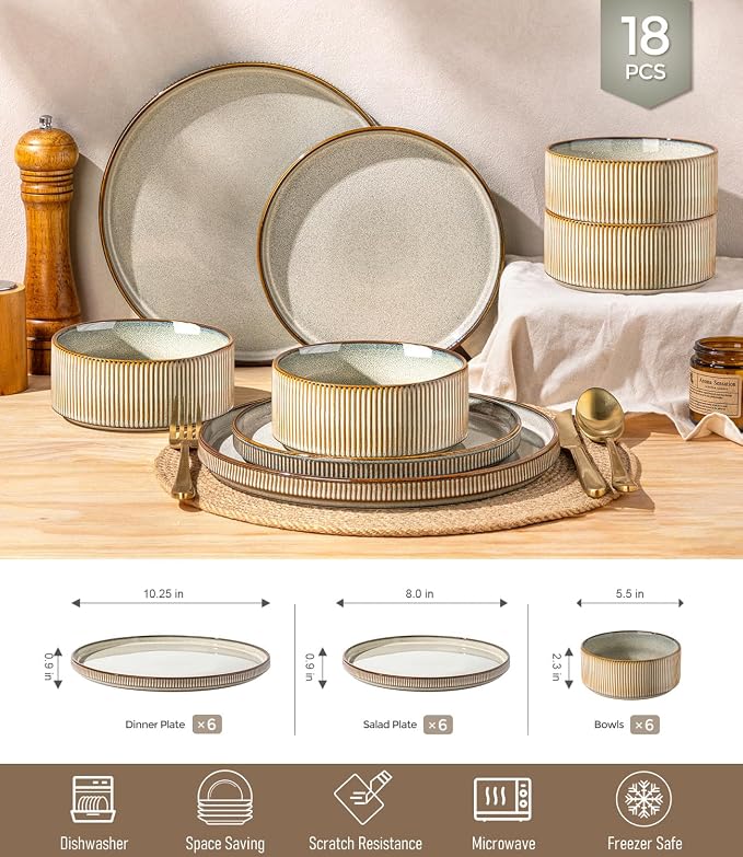 GBHOME 18-Piece Stoneware Dinnerware Set for 6 – Ribbed Ceramic Plates and Bowls, Scratch-Resistant, Microwave & Dishwasher Safe, Reactive Glaze, Reactive Glaze Green Wheat