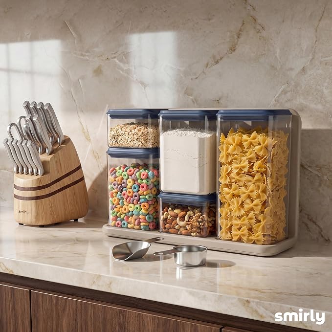 SMIRLY 8-Pcs Airtight Food Storage Containers Set with Countertop Organizer,One-Press Air Tight Pantry Storage Containers, BPA-Free ABS,Stainless Steel Spoon & Scoop for Cereal, Flour, Sugar-Blue