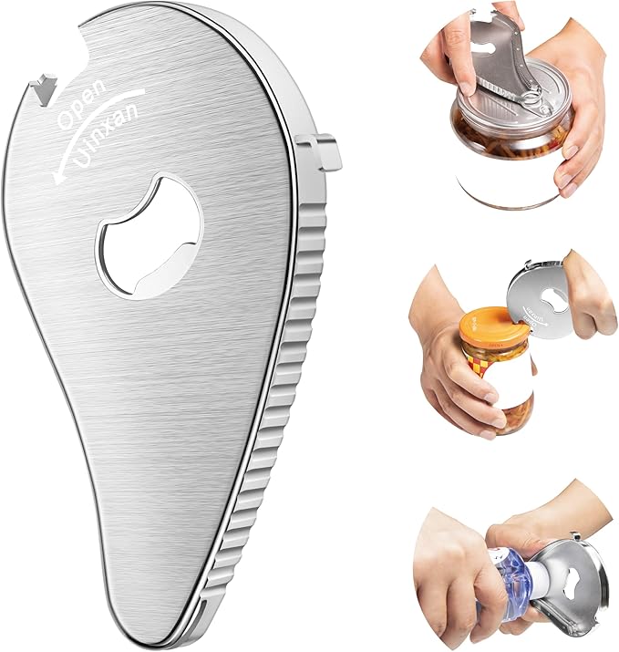 Uinxan Jar Bottle Can Opener for Seniors Arthritis Weak Hands-Easy Twist Off Small Caps (0.6"-2.7"), Pop Top & Pull Tab Seals,Patent Unique Portable Multifunction Gadget for Elderly/Women/Men (Silver)