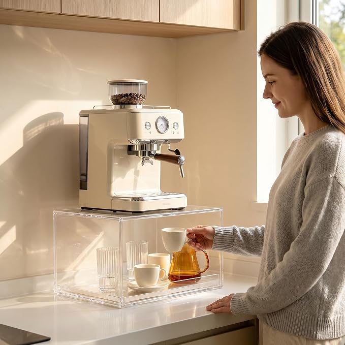 Clear Acrylic Coffee Bar Drawer, Countertop Espresso Machine Stand with Storage, Kitchen Organizers and Accessories for Cups, Mugs, Pods (14" x 8.1" x 8.1")