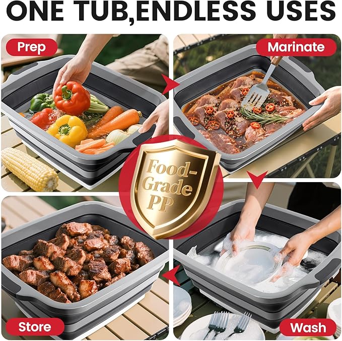 BBQ Prep Tub 3-IN-1 Large 30L Collapsible Cutting Board with Lid for Grill Meal Prep Marinating Food, Camping Sink with Colander, Dish Basin, Storage Blanket for Camping Picnic BBQ Grilling, Black