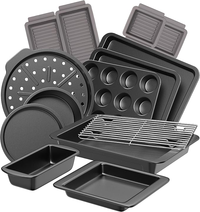 HONGBAKE Bakeware Sets, Baking Pans Set with Reusable Silicone Sheet Trays Dividers, Nonstick Oven Pan with Wider Grips, 14-Piece Including Rack, Cookie Sheet, Cake, Loaf, Muffin, Pizza Pan