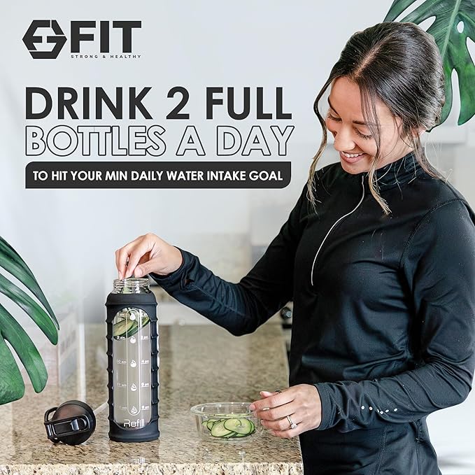 FIT Strong & Healthy 4-Pack 2 & 3 Compartment Glass Meal Prep Containers & 32oz Glass Water Bottle with Straw Lid, Time Marker, Sleeve & Extra Lid (Black)