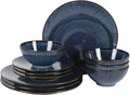 Gibson Elite Midnight Lune Plates and Bowls Sets, 12-Piece Stoneware Dinnerware Sets, Reactive Glaze Dish Set - Blue