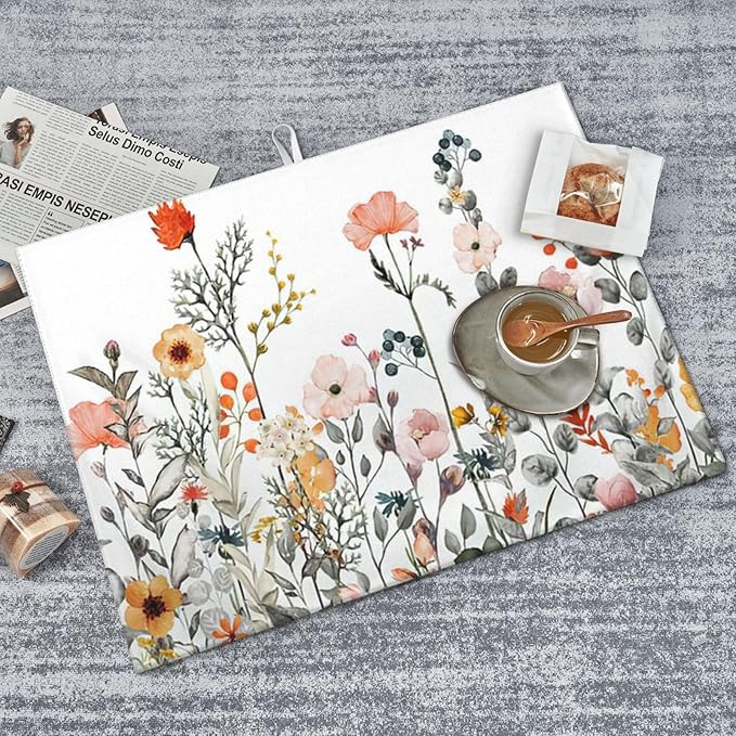 2Pcs Dish Drying Mats Faucet Mats Sets Large Size Coffee Mats Sink Faucet Mat Splash Guard for Kitchen Counter Bathroom Sink Coffee Bar Kitchen Decor (Colorful Wildflowers, 18"x24" 15" x 5.5"Set)