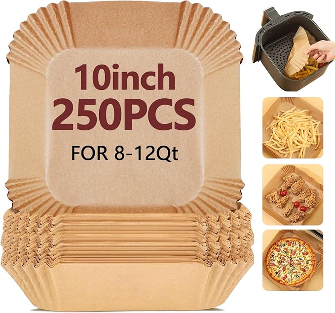 10 Inch Air Fryer Liners Disposable-250PCS Square Parchment Paper Liners,Heat Resistant & Non-Stick,Unbleached Liners for Air Fryer,Oven,Roasting,Baking,Microwave（Bottom is 8 Inch）