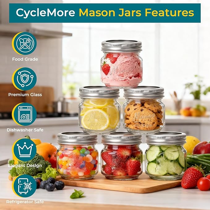 CycleMore Mason Jars 8 oz, 24 Pack Embossed Design Glass Canning Jars with Silver Metal Lids, Half Pint Glass Jars Ideal for Gifts, Jam, Honey, Wedding Favors, Shower Favors