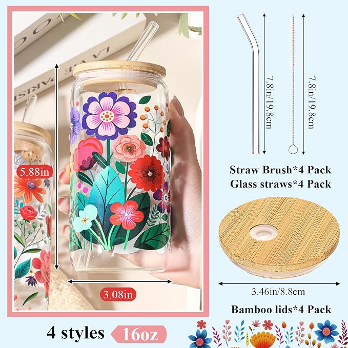 Mumufy 4 Pack Wildflower Glass Cups Gift Aesthetic Cute Glass Cup Tumbler Flower Iced Coffee Mugs 16 oz with Bamboo Lid & Straw, for Wedding Birthday Bridesmaid Mom Baby Shower
