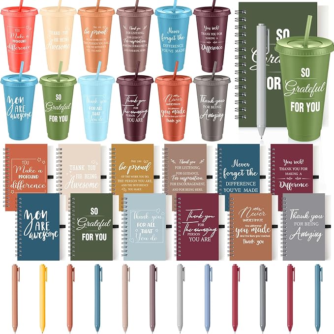 Shellwei 36 Pcs Employee Appreciation Gifts Bulk 24 oz Thank You Tumbler with Lid and Straw Mini Spiral Notebooks and Pens Appreciation Gifts for Team Employee Coworkers Teacher (Classic)