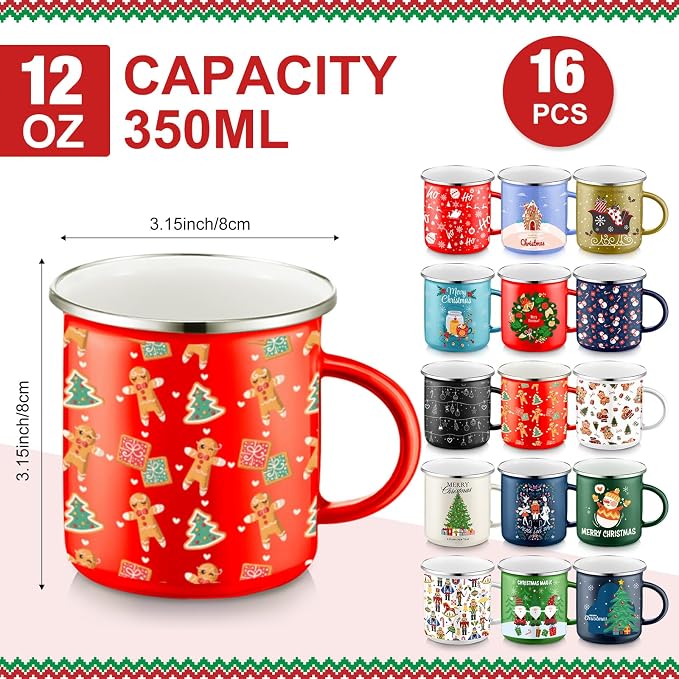 Sliner 16 Pcs Christmas Enamel Mugs, 12 oz Coffee Mugs Bulk Hot Chocolate Mug Set Cute Enamel Tea Cups Winter Holiday Christmas Employee Gift for Family Coworkers (Fashion Style)