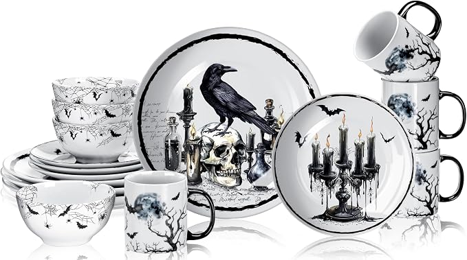 Pickmesh 16 Pcs Halloween Gothic Ceramic Dinnerware Serve for 4 Guest Holiday Dinner Festive Collection Gifts Spooky Kitchen Decoration Holly Ivy Dessert Plate Bowl Mug for Holiday Party