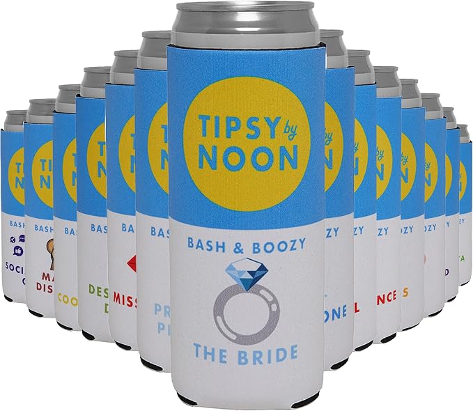 Funky Junque Bachelorette Party Favors Slim Can Cooler, Funny Bridesmaid & Bride Gifts for Girls Trip, Bridal Shower Decorations & Accessories, 12 oz Skinny Can Covers - Tipsy by Noon - 14 Pack