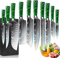 10-Piece Premium Japanese Kitchen Knife Set - Star Collection, Laser Damascus Pattern, 440A Stainless Steel Ultra Sharp for Fast Cutting (Green)
