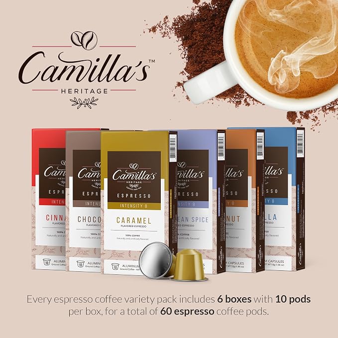 Camilla’s Heritage - Intensity 8 Flavored Espresso Coffee Variety Pack (Caribbean Spice, Cinnamon, Hazelnut, Chocolate, Caramel & Vanilla Espresso Cups) 60 Coffee Pods