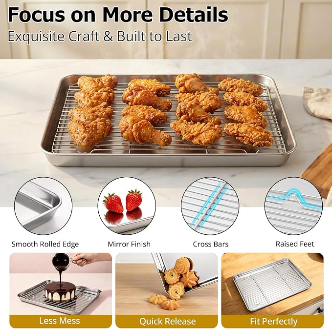 Onader 9x13IN Stainless Steel Quarter Cookie Sheet Pan with Wire Rack Set | Metal Toaster Oven Pan Tray for Baking, 1 Pan + 1 Rack, Nonstick & Dishwasher Safe