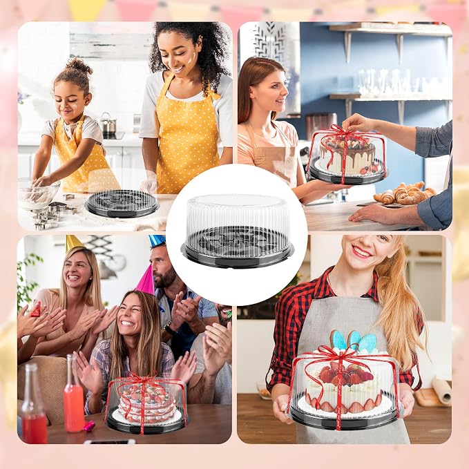 12Pcs 10 Inch Plastic Disposable Cake Containers with Lids and Cake Boards,Ribbon | Round Cake Container Carriers Clear Cake Box for Transport, Storing, Display Cakes
