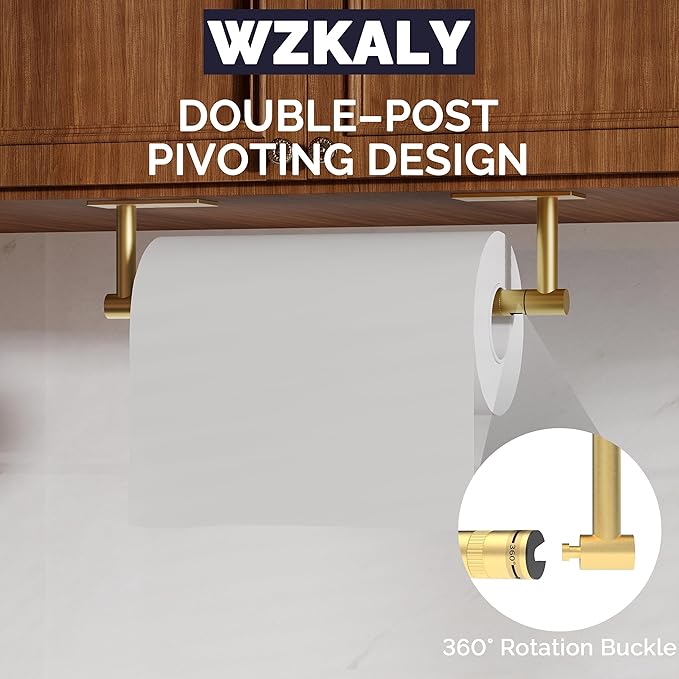 Paper Towel Holder Under Cabinet, Self Adhesive or Wall Mounted SUS304 Stainless Steel Paper Towel Holder for Kitchen, Bathroom, Farmhouse, Barbecue and Laundry (Brushed Gold)