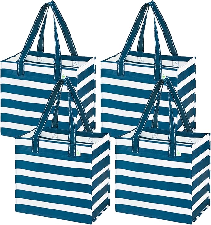 VENO 4 Pack Reusable Grocery Shopping Bags, Heavy-Duty Tote Bags with Handles, for Shopping Cart with Hard Bottom to Stand Upright, Foldable (Navy Stripe, 4 Pack)