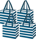 VENO 4 Pack Reusable Grocery Shopping Bags, Heavy-Duty Tote Bags with Handles, for Shopping Cart with Hard Bottom to Stand Upright, Foldable (Navy Stripe, 4 Pack)