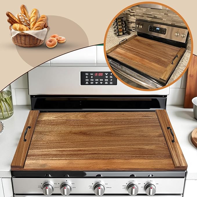 Noodle Board Stove Cover with Handles for Electric, Gas Stove Top (Acacia Wood)
