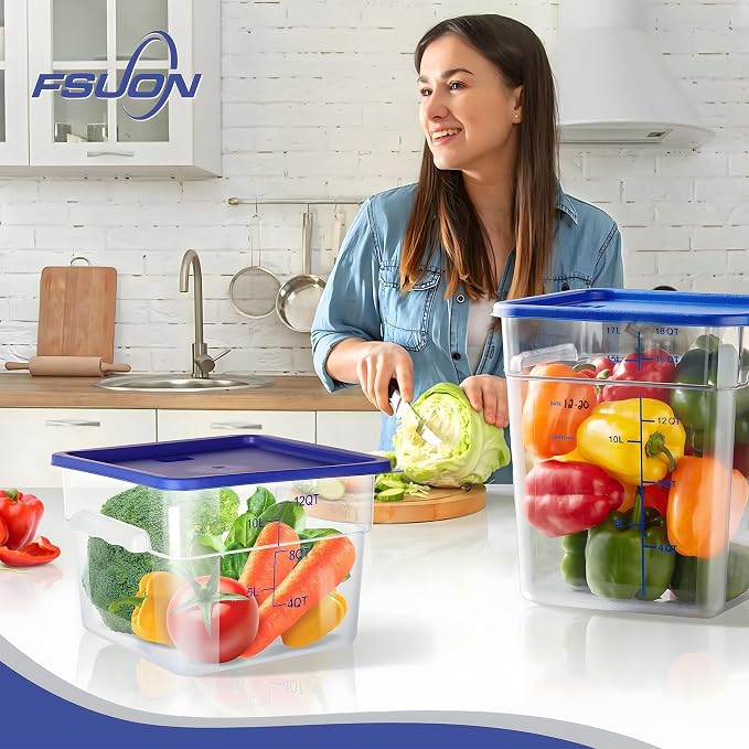 4 Pack 12 Qt Square Polycarbonate Food Storage Containers with Lids | Clear BPA-free PC with lids, side handles, measurement scale and stackable design; for food prep, storage and freezer use.