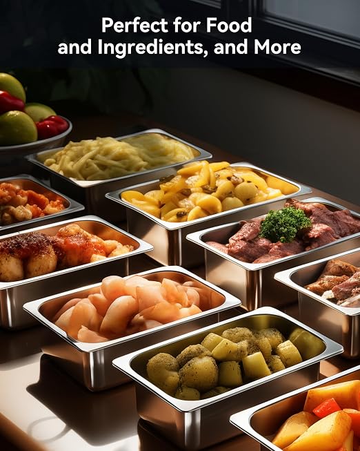 ZeroPone 8 Pack Hotel Pans with Lids, 1/3 Size 6" Deep Stainless Steel Steam Table Pan 22 Gauge Anti Jam Commercial Food Pans for Hotel, Party, Buffet, Catering Supplies