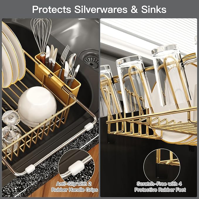 MAJALiS Gold Dish Drying Rack Over The Sink with Utensil Holder | Expandable Stainless Steel Dish Drainer for Small Kitchen, Apartment, RV, Counter Space Saving, Perfect Fit, Rustproof