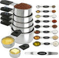 16-Pcs Measuring Cups & Magnetic Spoons Set with Leveler, Food-Grade Stainless Steel, Stackable Design, Silicone Handles, Precise Metal Measuring Cups and Spoons Set for Cooking & Baking (Black)