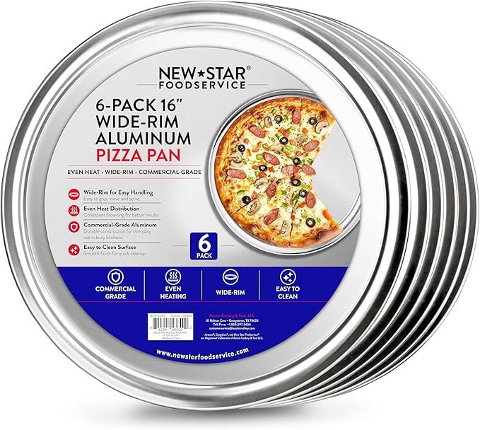 New Star Foodservice Restaurant-Grade Aluminum Pizza Pan/Tray with Wide Rim, 16 Inch, Pack of 6