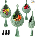 Honeydak Boho Decor Hanging Wall Baskets for Kitchen 3 Pack Teardrop Baskets with Hooks Storage Fruit Onion Vegetable Potato for Home 3 Sizes (Sage Green,Tassel,Cotton Rope)