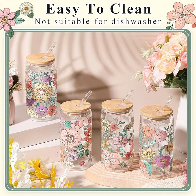 Mumufy 4 Pack Wildflower Glass Cups Gift Aesthetic Cute Glass Cup Tumbler Flower Iced Coffee Mugs 16 oz with Bamboo Lid & Straw, for Wedding Birthday Bridesmaid Mom Baby Shower