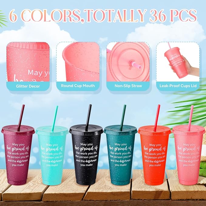 Dandat 36 Pcs Employee Appreciation Gifts Bulk 24 oz Thank You Cups Gift for Nurse Coworker Team Staff Teacher Inspirational Plastic Tumblers with Lids Straws (Dark Color)